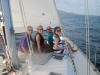 St John sailing charter group on the bow of Survivan